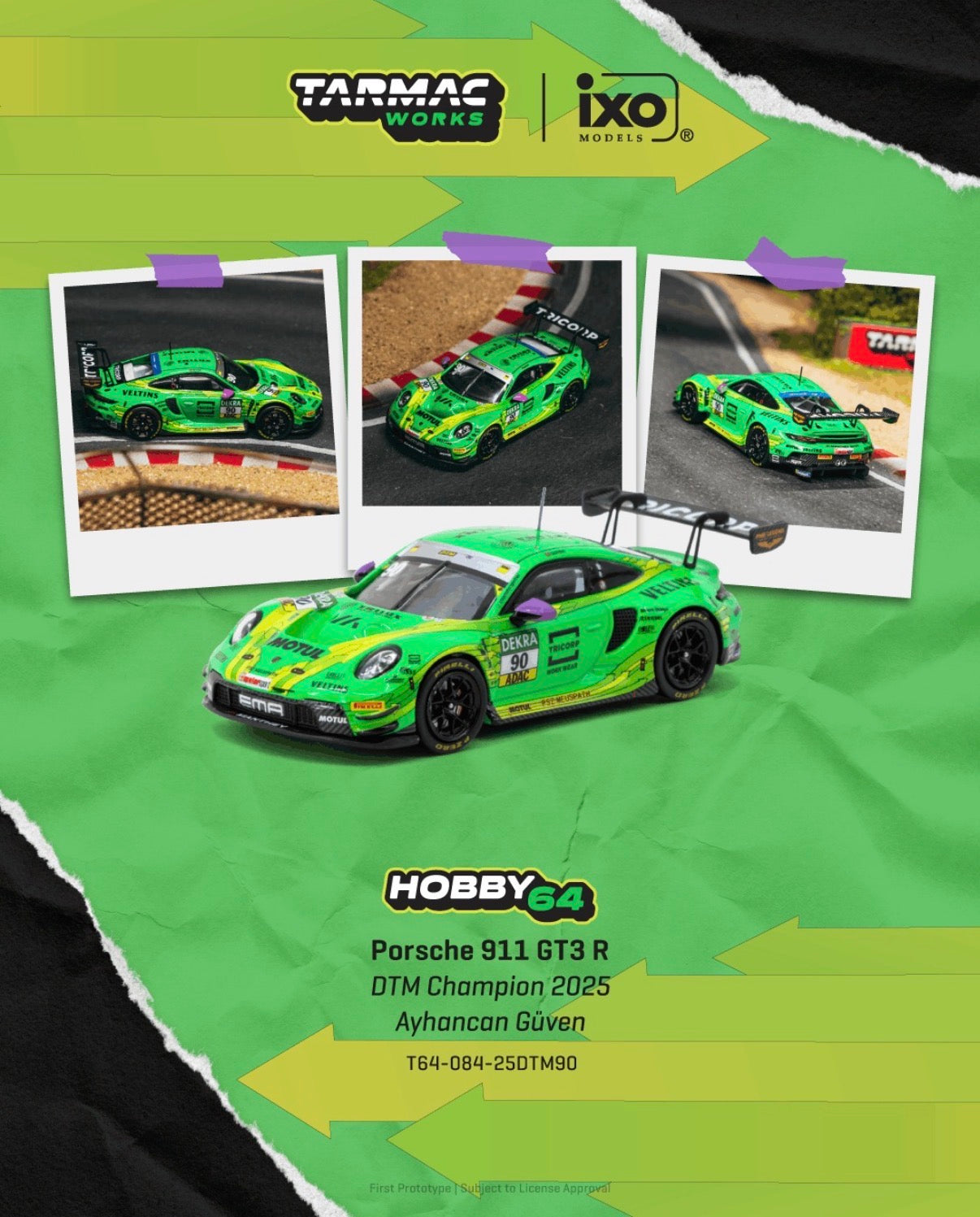 (Preorder) Tarmac Works 1:64 Hobby64 Porsche 911 GT3 R DTM Champion 2025 Ayhancan Güven