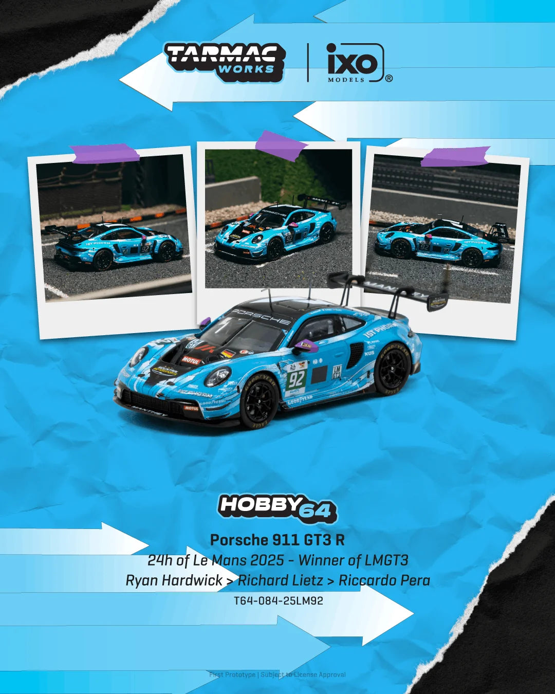 (Preorder) Tarmac Works x IXO 1:64 Porsche 911 GT3 R, 24h of Le Mans 2025 - Winner of LMGT3