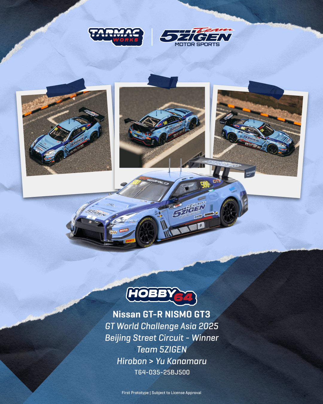 (Preorder) Tarmac 1:64 Nissan GT-R NISMO GT3 GT World Challenge Asia 2025 Beijing Street Circuit - Winner TEAM 5ZIGEN Hirobon / Yu Kanamaru