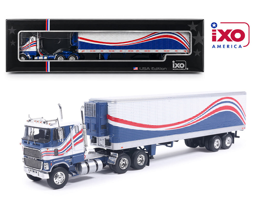 (Preorder) IXO Model 1:64 1976 Ford CL9000 With Vintage Trailer – Red, White & Blue – Limited Edition