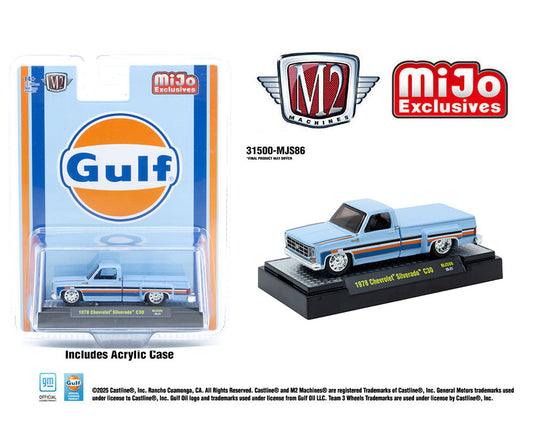 M2 Machines 1:64 1978 Chevrolet Silverado C30 Custom GULF – Blue – MiJo Exclusives Limited Edition