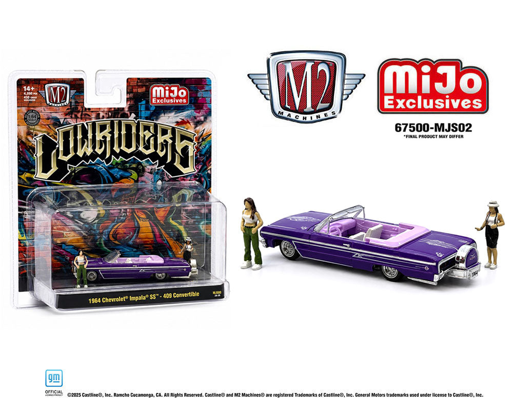 (Preorder) M2 Machines 1:64 Diorama Series 1964 Chevrolet Impala SS Convertible Top-Down Lowriders with 2 Ladies Figures – Metallic Purple – Mijo Exclusives