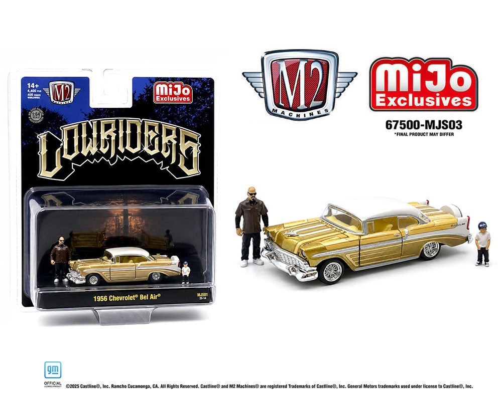 (Preorder) M2 Machines 1:64 Diorama Series 1956 Chevrolet Bel Air Lowriders with 2 Dad & Son Figures – Beige Gold – Mijo Exclusives