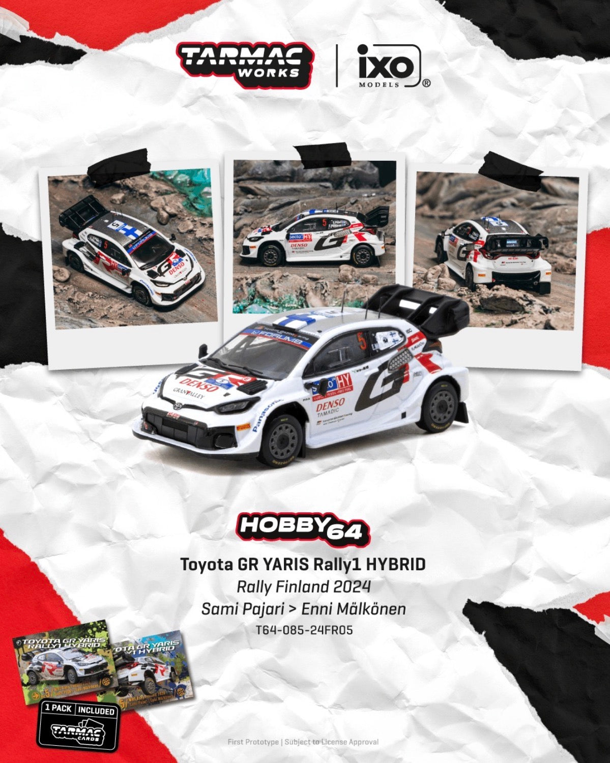 (Preorder) Tarmac Works 1:64 Toyota GR YARIS Rally1 HYBRID, Rally Finland 2024 Sami Pajari / Enni Mälkönen + Trading Cards