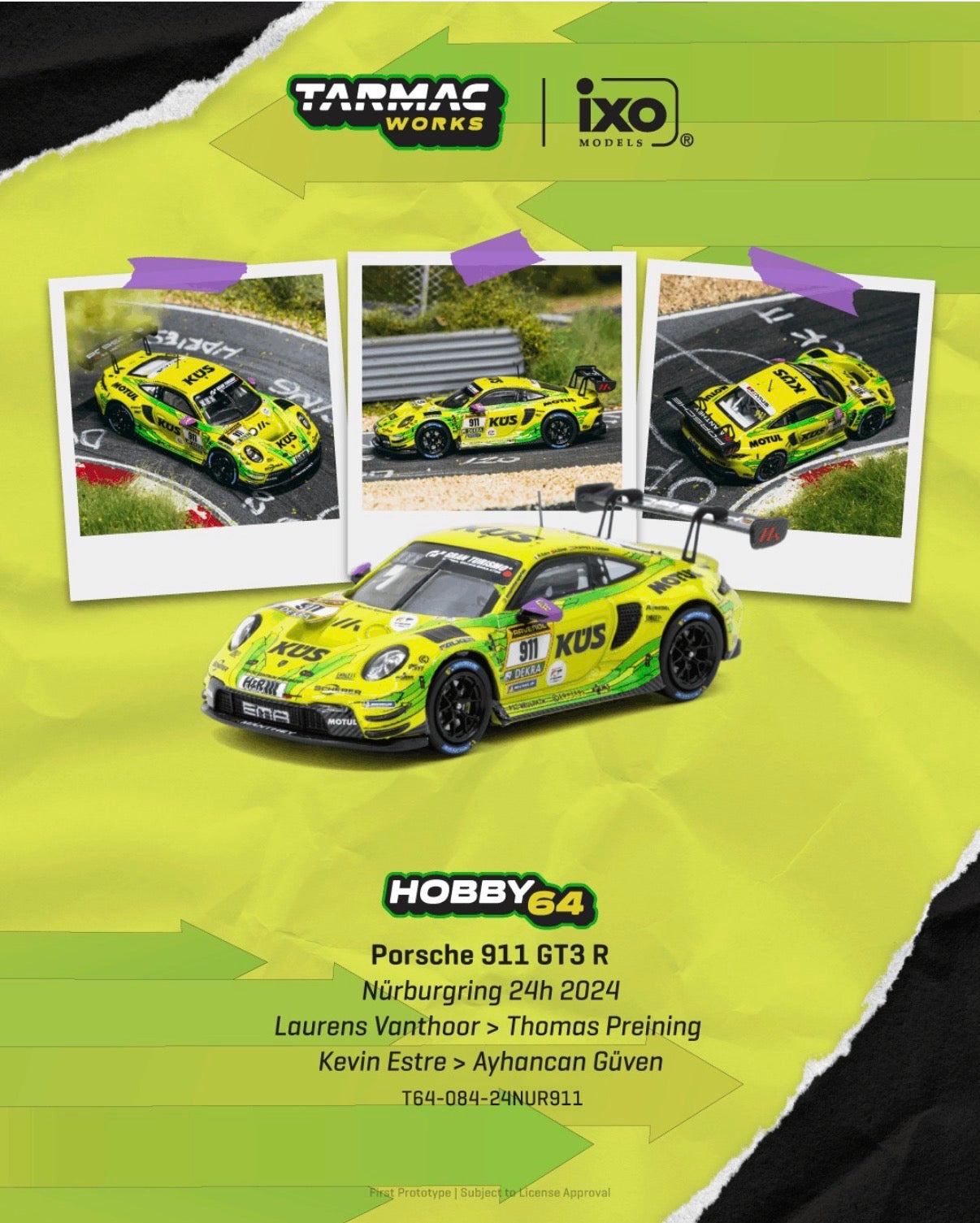 (Preorder) Tarmac Works 1:64 Porsche 911 GT3 R Nürburgring 24h 2024 Laurens Vanthoor / Thomas Preining / Kevin Estre / Ayhancan Güven