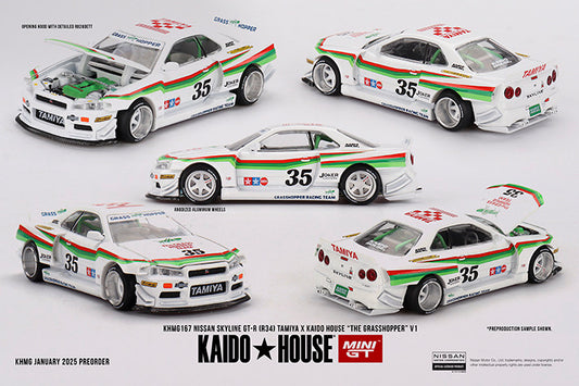 (Preorder) Kaido House x Mini GT 1:64 Nissan Skyline GT-R (R34) TAMIYA x KAIDO HOUSE "The GRASSHOPPER" V1