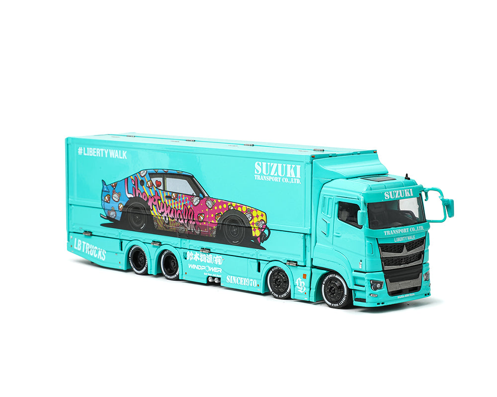 (Preorder) GCD 1:64 Liberty Walk LB-Trucks Mitsubishi Fuso Super Great Transporter LBWK – Blue