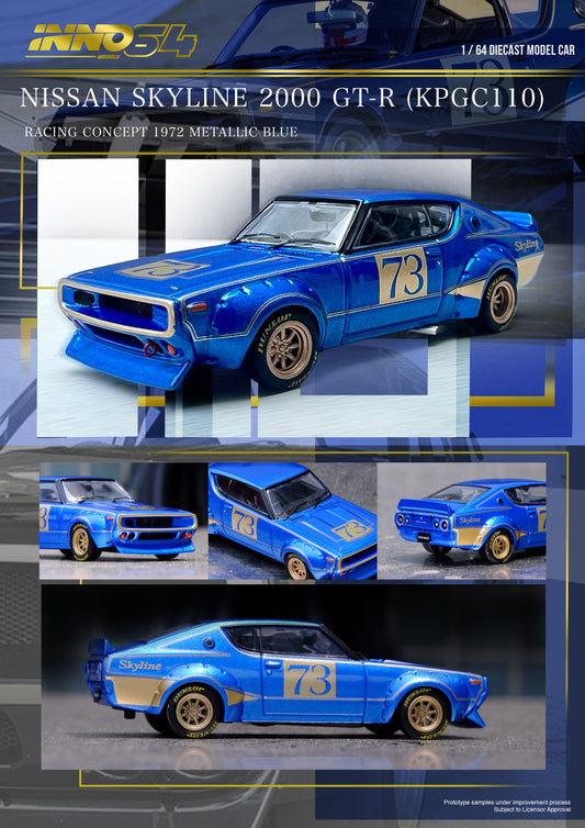 (Preorder) INNO64 1:64 Nissan Skyline 2000 GT-R (KPGC110) Racing Concept Blue