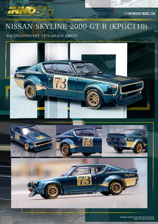 (Preorder) INNO64 1:64 Nissan Skyline 2000 GT-R (KPGC110) Racing Concept Green