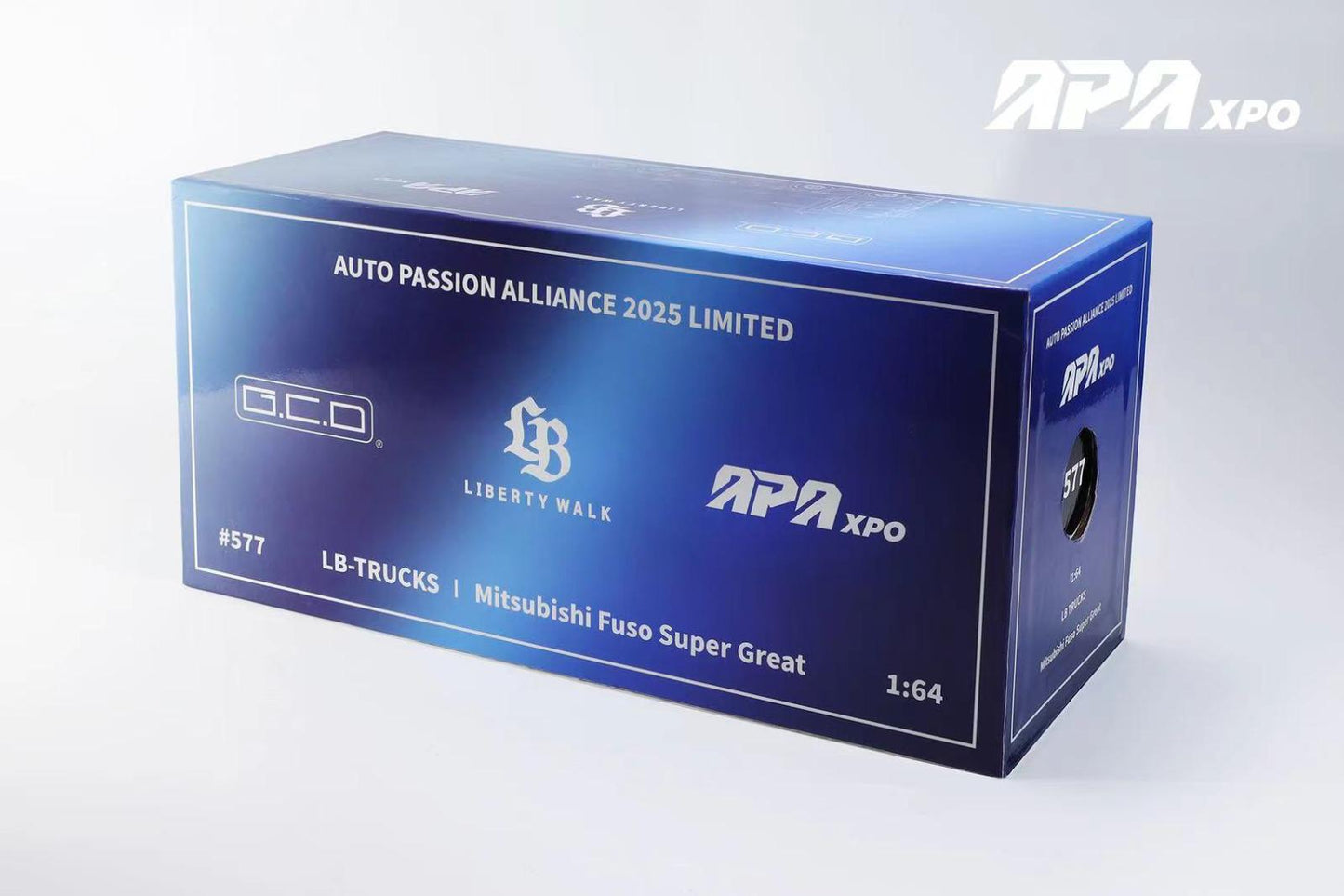 (Preorder) GCD 1:64 Liberty Walk LB-Trucks Mitsubishi Fuso Super Great Transporter LBWK – 2025 Foshan APA XPO Special Limited Edition Chrome Blue - Limited 800pcs!