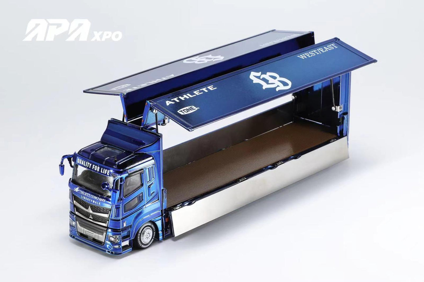 (Preorder) GCD 1:64 Liberty Walk LB-Trucks Mitsubishi Fuso Super Great Transporter LBWK – 2025 Foshan APA XPO Special Limited Edition Chrome Blue - Limited 800pcs!