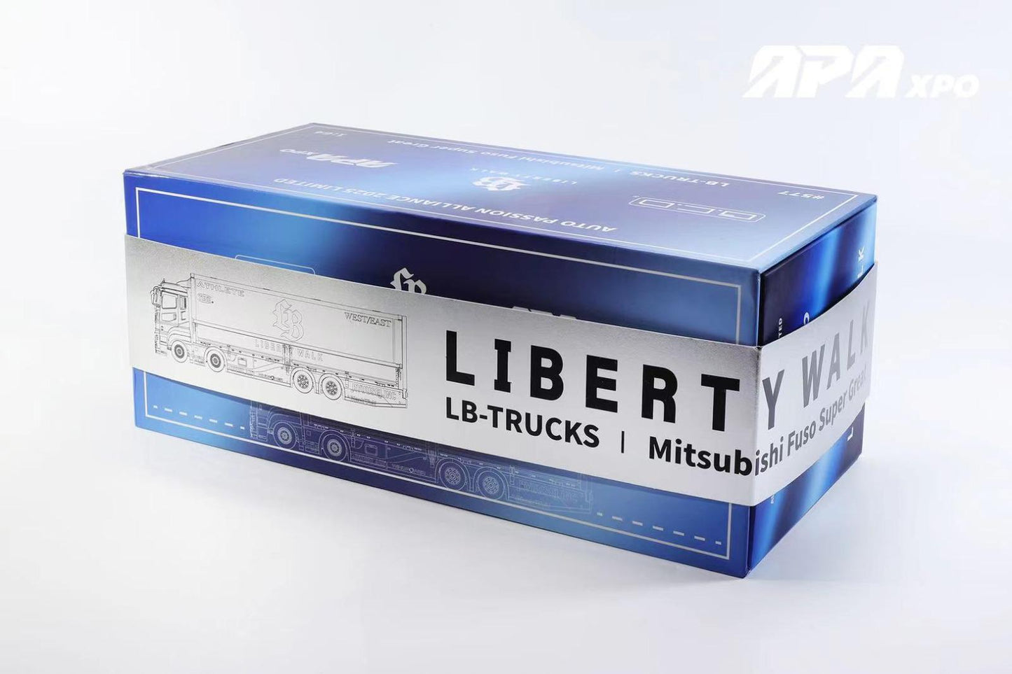 (Preorder) GCD 1:64 Liberty Walk LB-Trucks Mitsubishi Fuso Super Great Transporter LBWK – 2025 Foshan APA XPO Special Limited Edition Chrome Blue - Limited 800pcs!