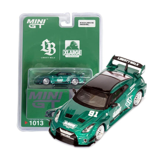 (Preorder) MINI GT 1:64 LIBERTY WALK×XLARGE LB-Silhouette WORKS GT NISSAN 35GT / LB Blister Packaging GREEN - Store Exclusive