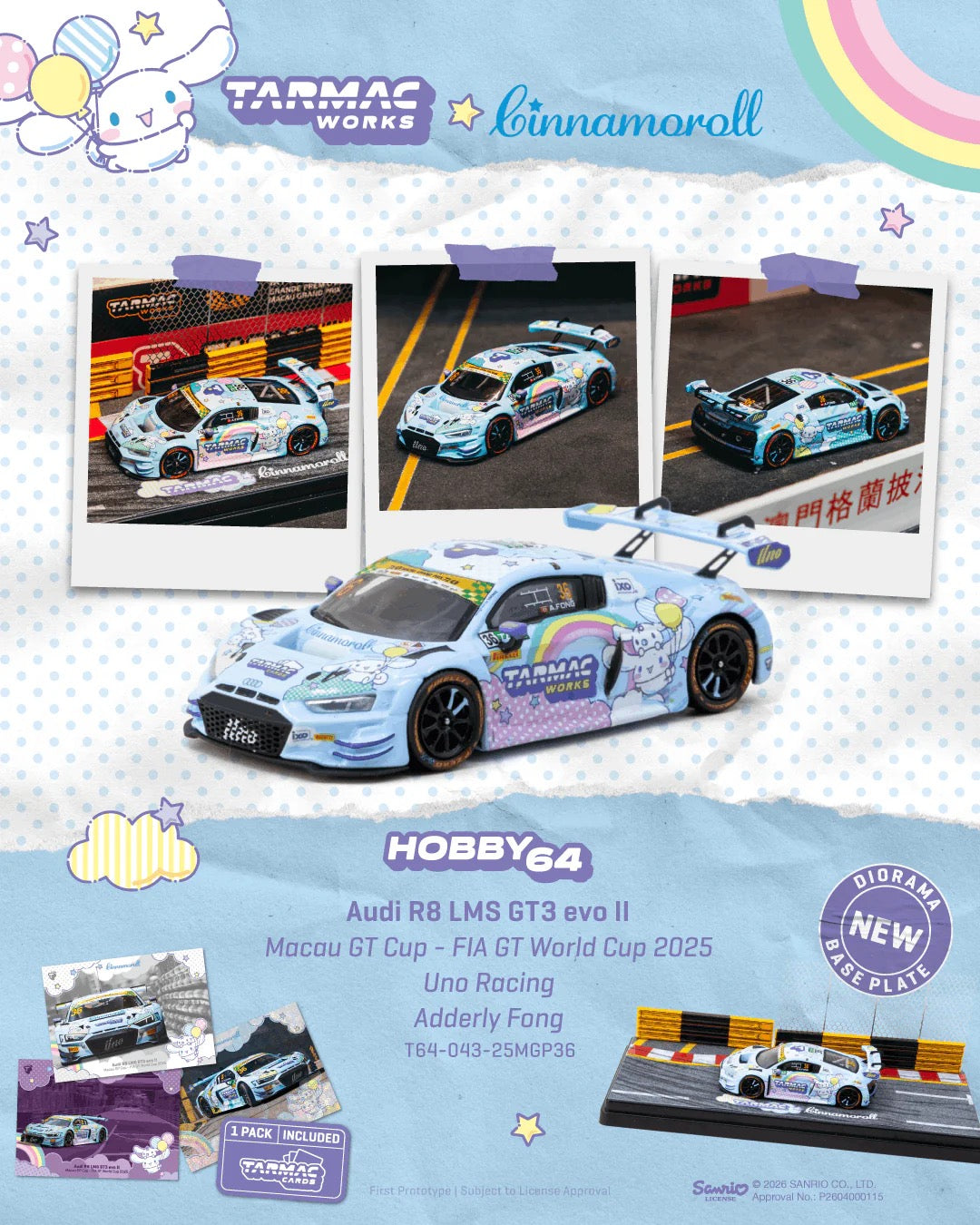(Preorder) Tarmac Works 1:64 Audi R8 LMS GT3 evo II Macau GT Cup - FIA GT World Cup 2025 Uno Racing + Trading cards