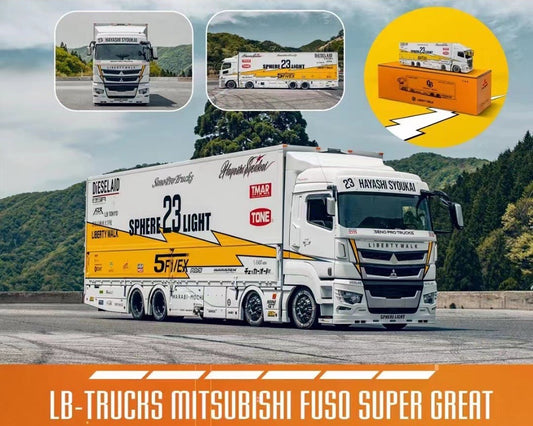 GCD 1:64 Liberty Walk LB-Trucks Mitsubishi Fuso Super Great Transporter Sphere – White & Yellow