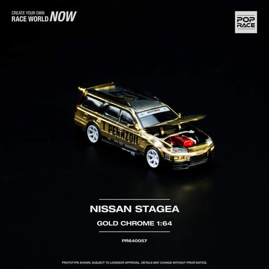 Pop Race 1:64 Stagea R34 Pennzoil Gold Chrome