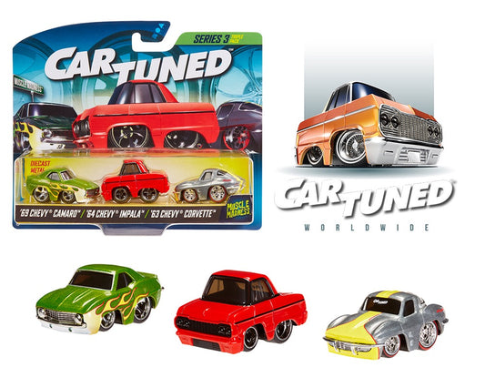 (Preorder) CarTuned 1:64 Lowriders Series 3 Muscle Madness 3 Pack 2025 – 1969 Chevrolet Camaro, 1964 Chevrolet Impala, 1963 Chevrolet Corvette