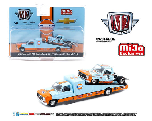 M2 Machines 1:64 Mijo Exclusives Auto-Haulers 1973 Chevrolet C30 Wedge Truck 1978 Chevrolet Silverado 10 Bedless Gulf Livery – Blue – Limited Edition