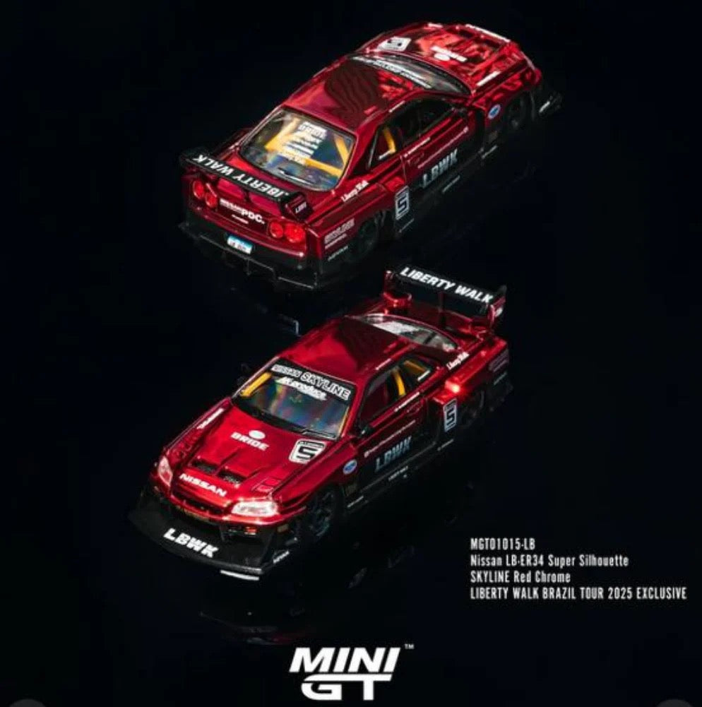 Mini GT 1:64 Brazil Exclusive - Nissan LB-ER34 Super Silhouette Chrome Red