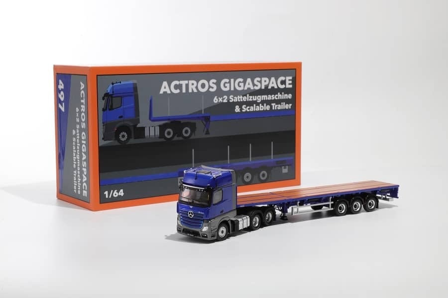 GCD 1:64 Mercedes-Benz Actros GigaSpace Truck + Scalable Trailer - Blue (497)