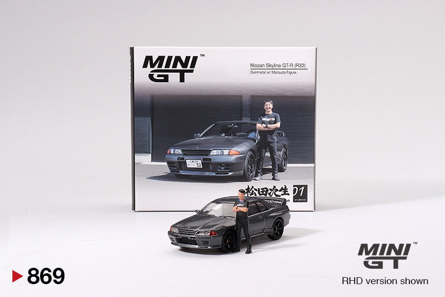 (Preorder) Mini GT 1:64 Nissan Skyline GT-R (R32) Nismo Gunmetal W/ Matsuda Figure Tsugio Matsuda Collection