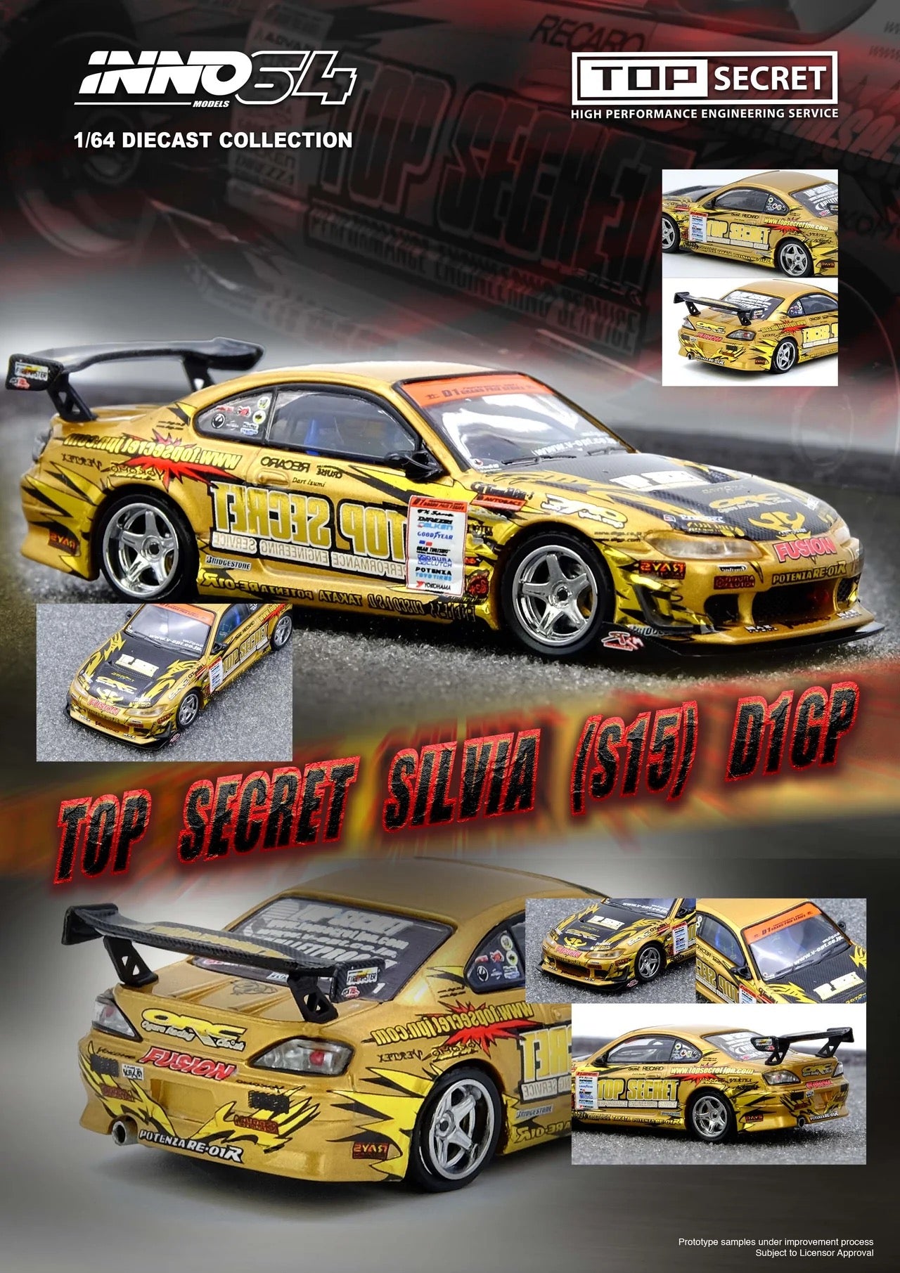 (Preorder) INNO64 1:64 TOP SECRET Silvia (S15) Gold D1 Grand Prix Series Champion 2004