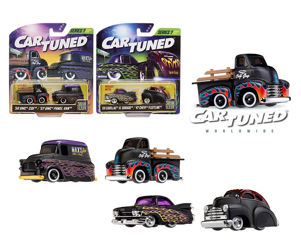 CarTuned 1:64 2-Pack Series 7 “Dead Sleds” – 1959 Cadillac, 1947 Chevy Fleetline, 1950 GMC COE, 1957 GMC Panel Van