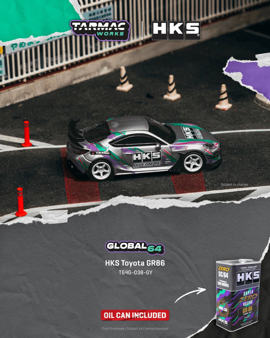 (Preorder) Tarmac Works 1:64 HKS Toyota GR86, Grey w/ Oil Can