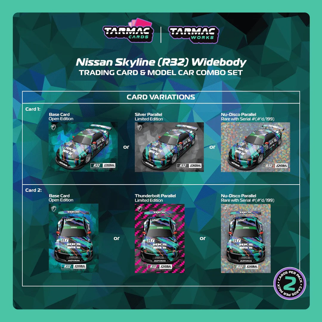 Tarmac Works 1:64 Nissan Skyline (R32) Widebody Jonsibal Designworks & HKS with Card Pack – Blue, Green, Black – Tarmac Cards