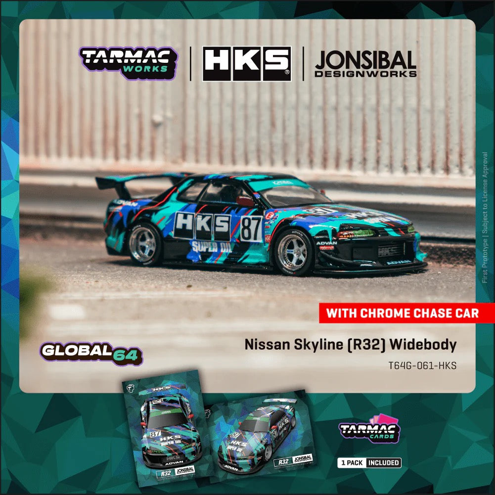 Tarmac Works 1:64 Nissan Skyline (R32) Widebody Jonsibal Designworks & HKS with Card Pack – Blue, Green, Black – Tarmac Cards