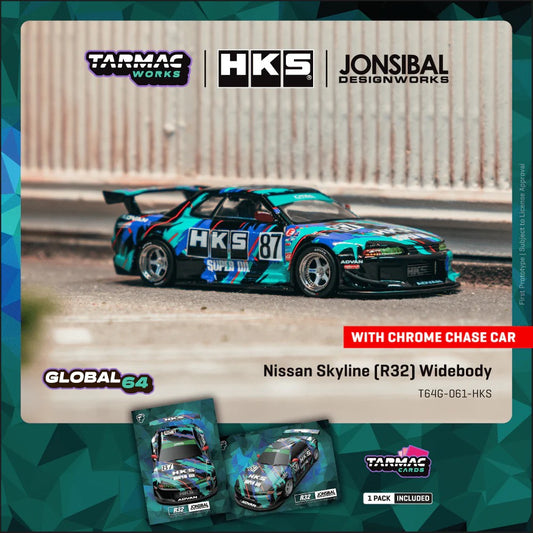 Tarmac Works 1:64 Nissan Skyline (R32) Widebody Jonsibal Designworks & HKS with Card Pack – Blue, Green, Black – Tarmac Cards