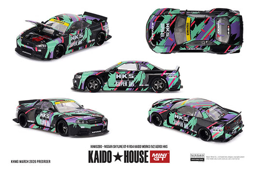 (Preorder) Kaido House x Mini GT 1:64 Nissan Skyline GT-R R34 Kaido Works (V2 Aero) HKS - KHMG280