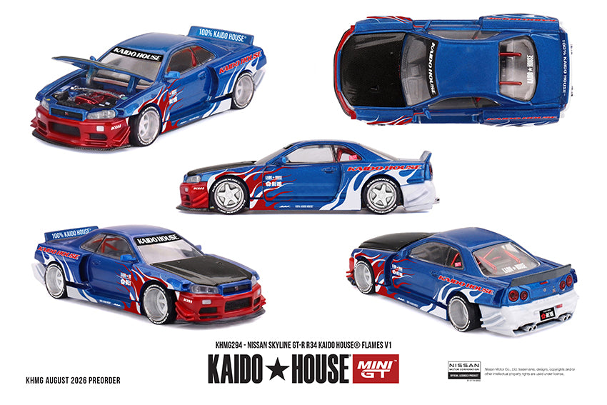 (Preorder) Kaido House x Mini GT 1:64 Nissan Skyline GT-R R34 Kaido House Flames V1 - KHMG294