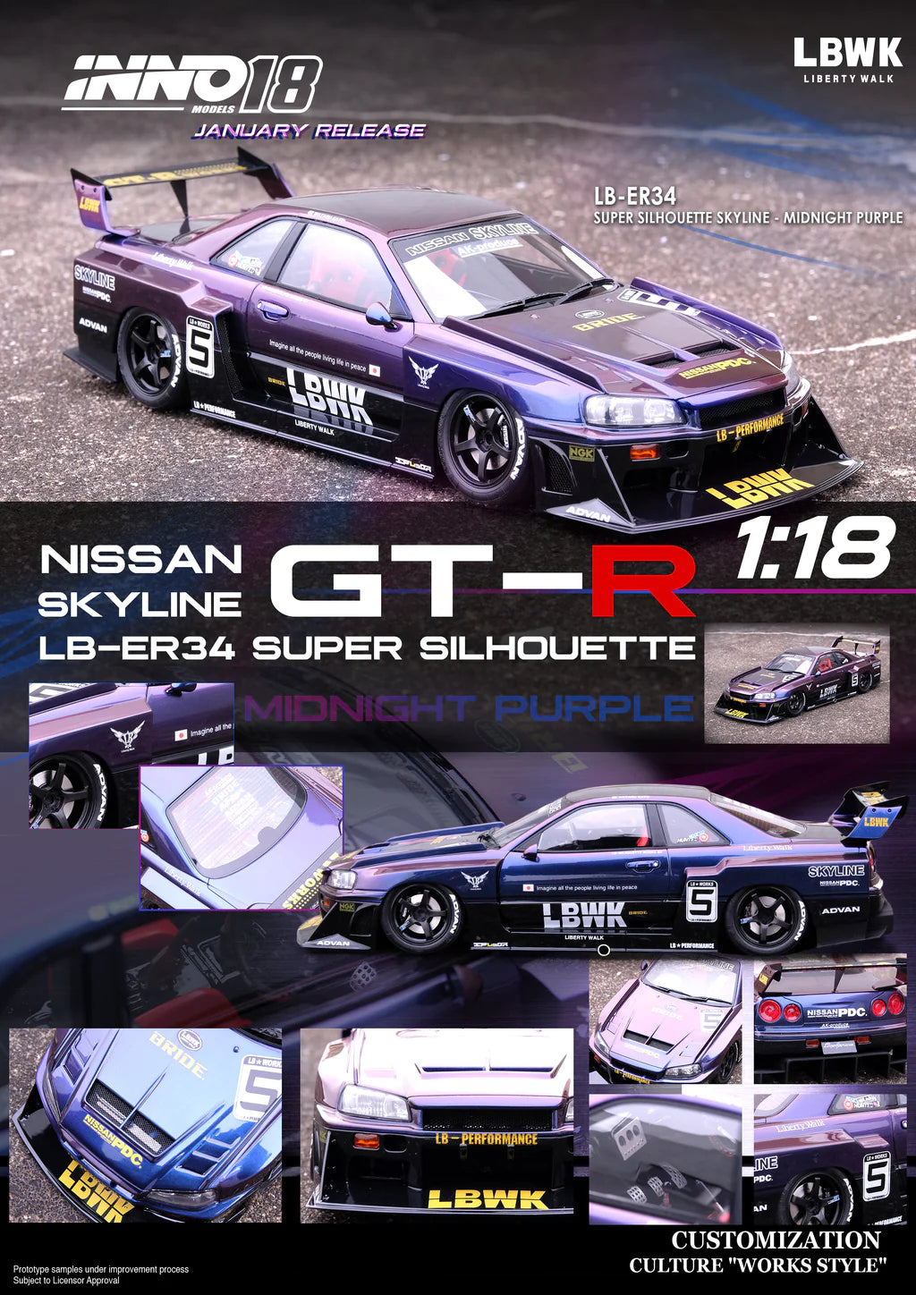 INNO64 1:18 Nissan Skyline (ER34) Super Silhouette "LBWK" in Midnight Purple II