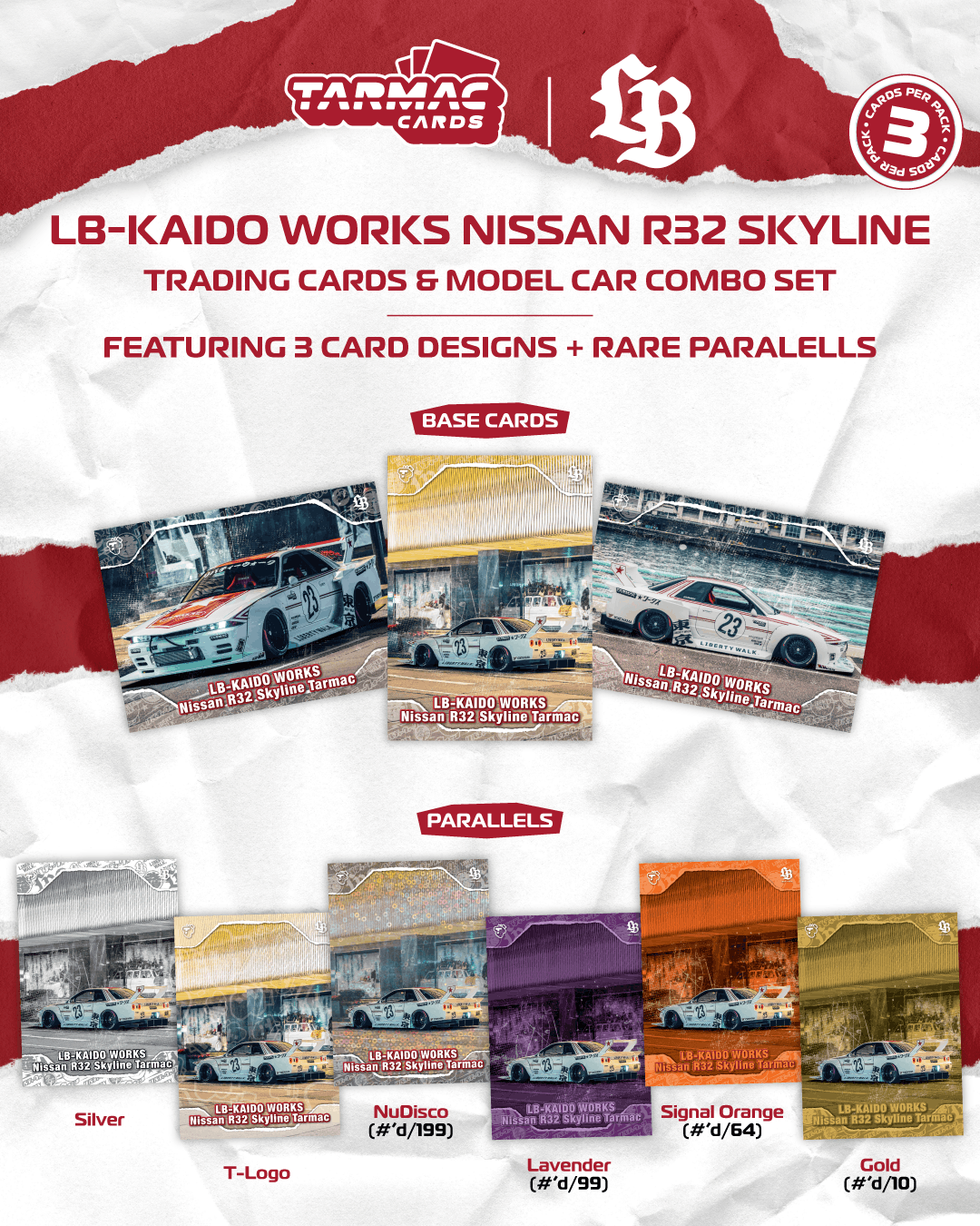 (Preorder) Tarmac Works 1:64 LB-KAIDO WORKS Nissan R32 Skyline Model Car + Trading Cards Combo Set