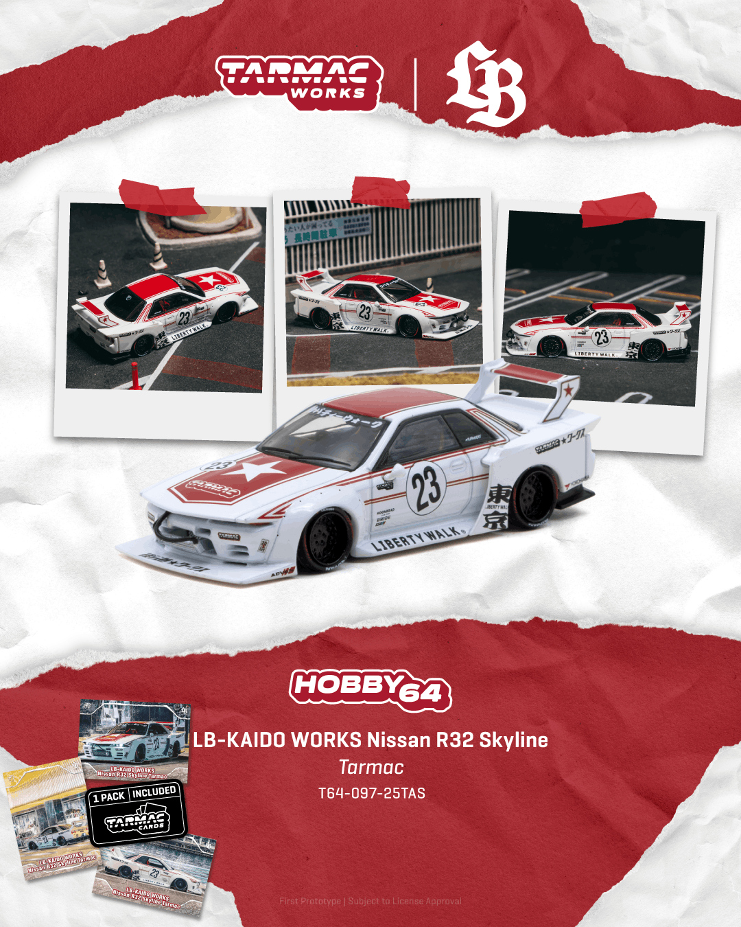 (Preorder) Tarmac Works 1:64 LB-KAIDO WORKS Nissan R32 Skyline Model Car + Trading Cards Combo Set