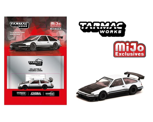Tarmac Works 1:64 Toyota Sprinter Trueno AE86 Widebody by Jon Sibal with Trading Card – White – MiJo Exclusives