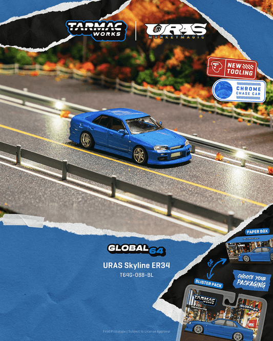 (Preorder) Tarmac Works 1:64 URAS Skyline ER34 Blue - Blister Pack