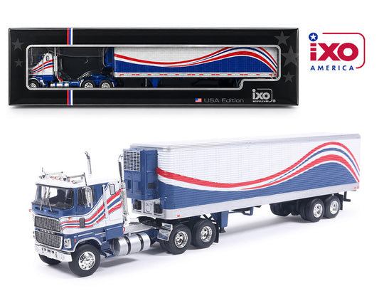 (Preorder) IXO Model 1:64 1976 Ford CL9000 With Vintage Trailer – Red, White & Blue – Limited Edition