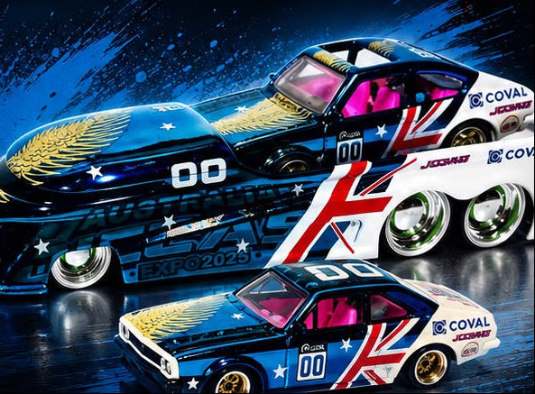 Australian Diecast Expo 2026 Custom Car Competition Rules poster with car models on a dark background.