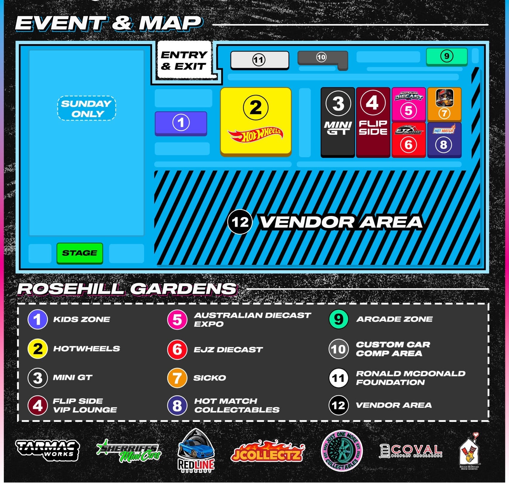 A promotional event map and schedule poster for Australian Diecast Expo 2026, featuring a black textured background, a blue event layout, numbered zones, and multiple sponsor logos at the bottom.
