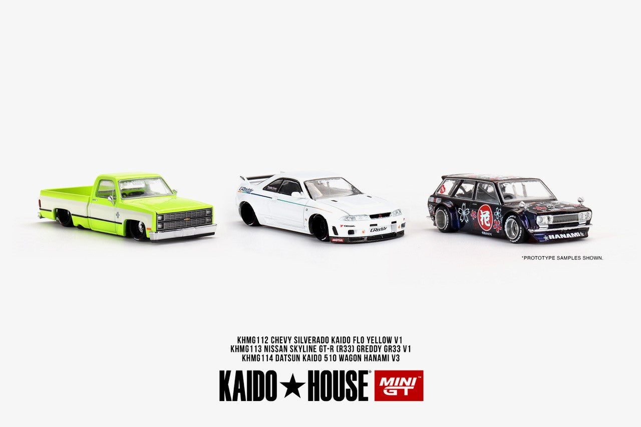 (Preorder) Kaido House x Mini GT 1:64 Chevrolet Silverado KAIDO Flo Yellow V1