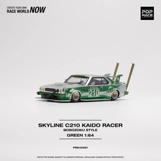 (Preorder) Pop Race 1:64 Nissan Skyline C210 KAIDO RACER (BOSOZOKU STYLE) - SILVER/GREEN