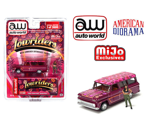Auto World x American Diorama 1:64 1957 Chevrolet Suburban Lowrider With Figure Limited 3,600 Pieces – Pink – Mijo Exclusives