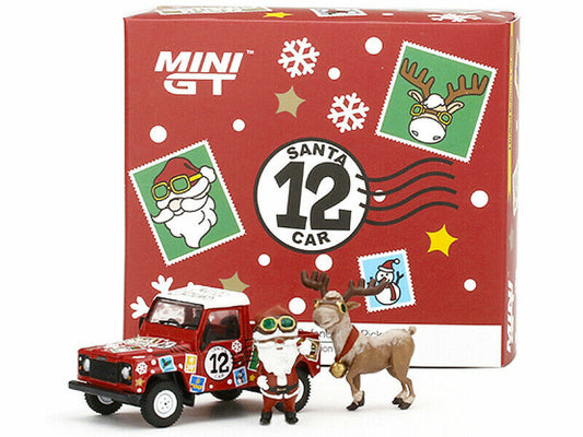 Mini GT Land Rover Defender 90 Pickup 2021 Christmas Edition Diecast Scale Model Car with Santa Claus and Reindeer