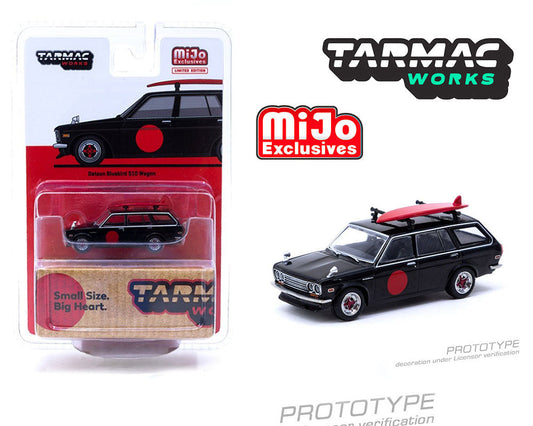 Tarmac Works 1:64 Mijo Exclusive Datsun Bluebird 510 Wagon Black With Surfboard Special Limited Edition