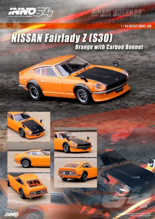 INNO64 1:64 Nissan Fairlady Z32 S30 Orange w/ Carbon Bonnet