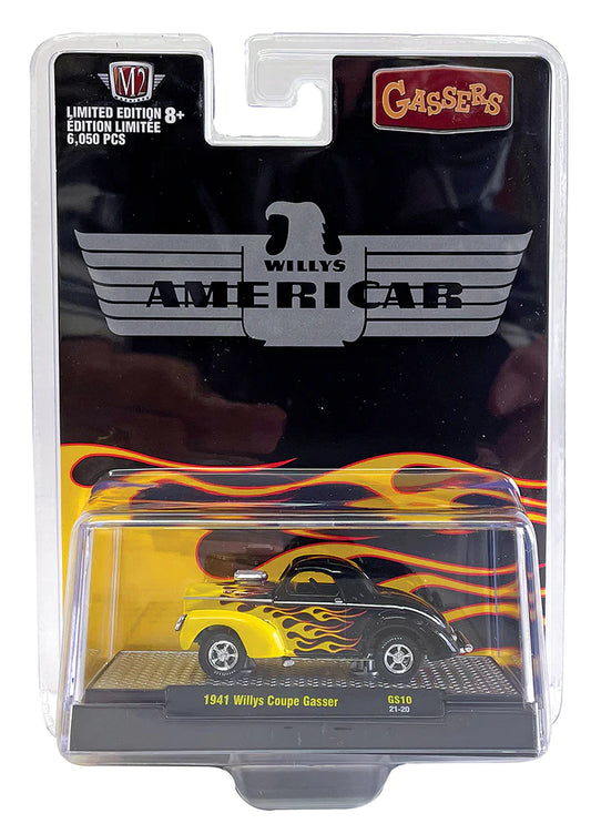 1941 Willys Coupe Gasser Black with Yellow Flames Limited Edition to 6050 pieces Worldwide 1/64 Diecast Model Car by M2 Machines